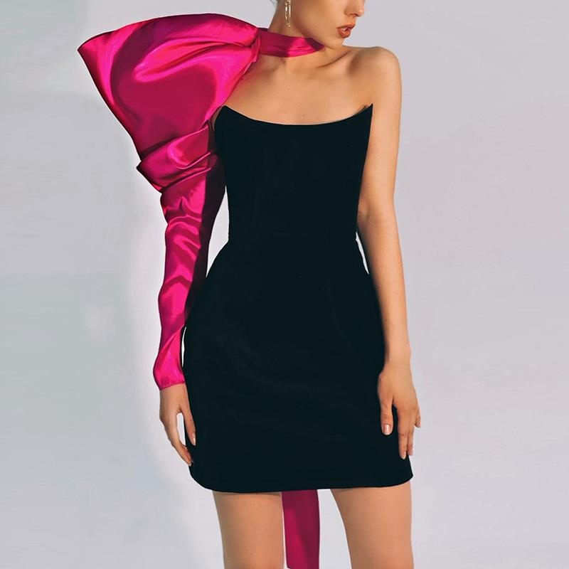 Cross-Border European and American Style New Style One-Shoulder Bow Tube Top Small Dress Two-Piece Fishbone Slimming Dress for Women