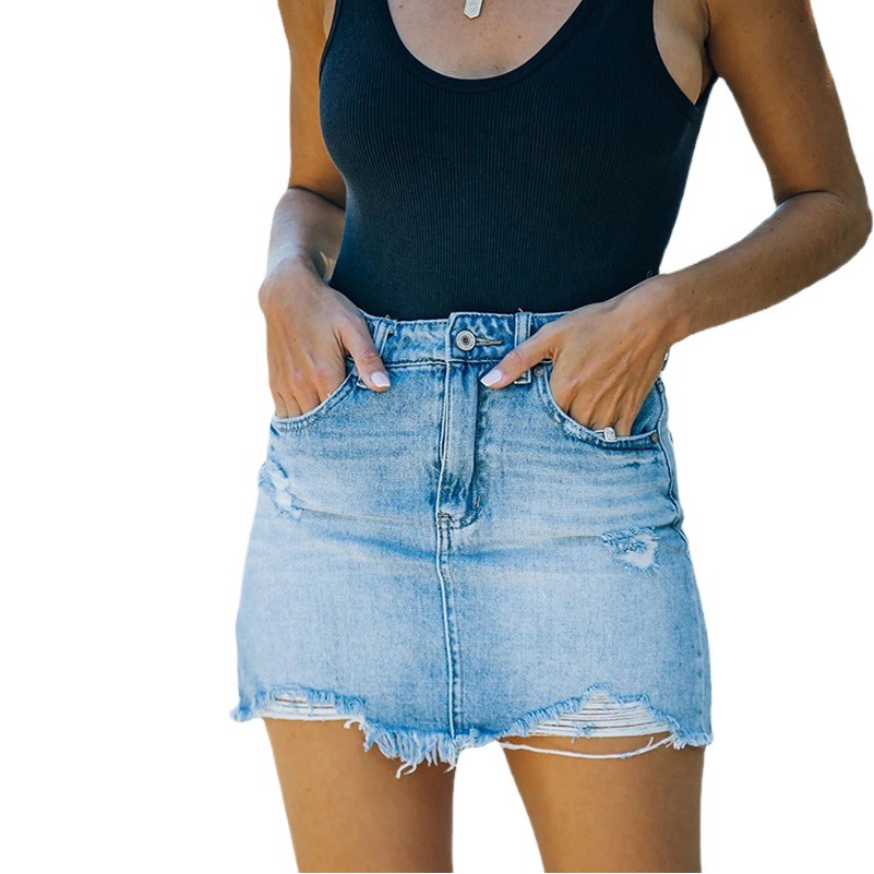 Factory Direct Sales 2023 European and American Hip-Hugging Denim Skirt Cross-Border Comfortable Casual Ripped Raw Edge Skirt A-Line Skirt