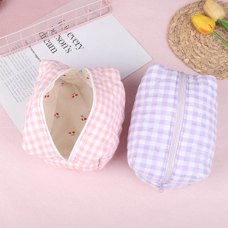 Sweet Cherry Printed Cosmetic Bag Plaid Fabric Macaron Color Makeup Bag Girl's Toiletries Storage Bag