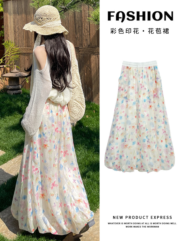 Picture of Colorful flower bud culottes and pants, women's summer thin 2025 new high-waisted drape skirt, ice silk floral lantern pants