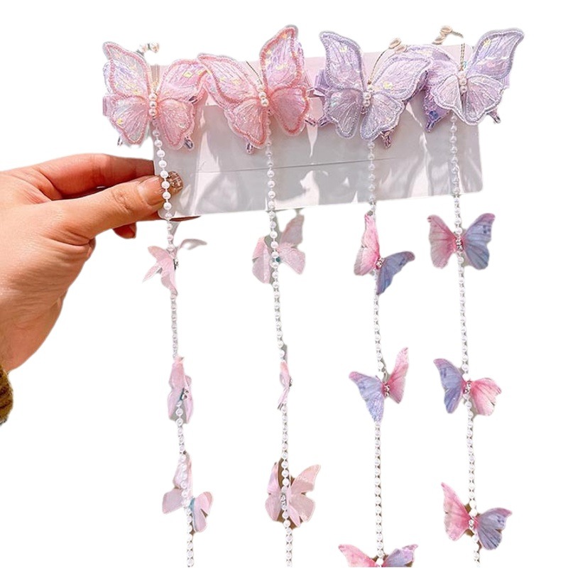 Children's Pearl Tassel Hairpin Butterfly Wings Hair Accessories Girls Colorful Flower Hair Chain Pontail Hairpin Headwear