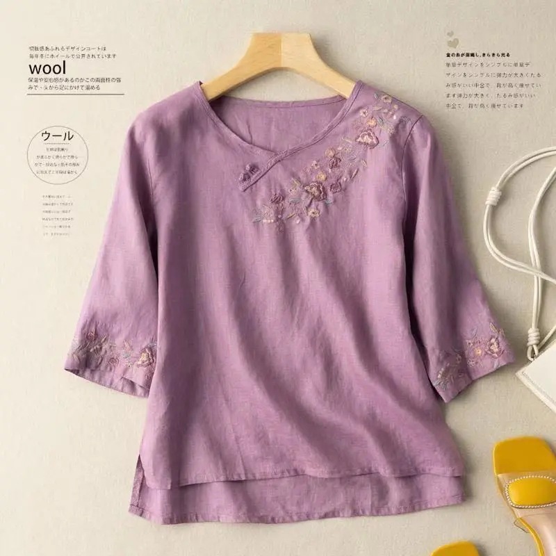Cotton and Linen T-Shirt Women's Shirt 2024 Summer New Style Retro Literary Elegant Embroidered Casual Loose Three-Quarter Sleeve Top