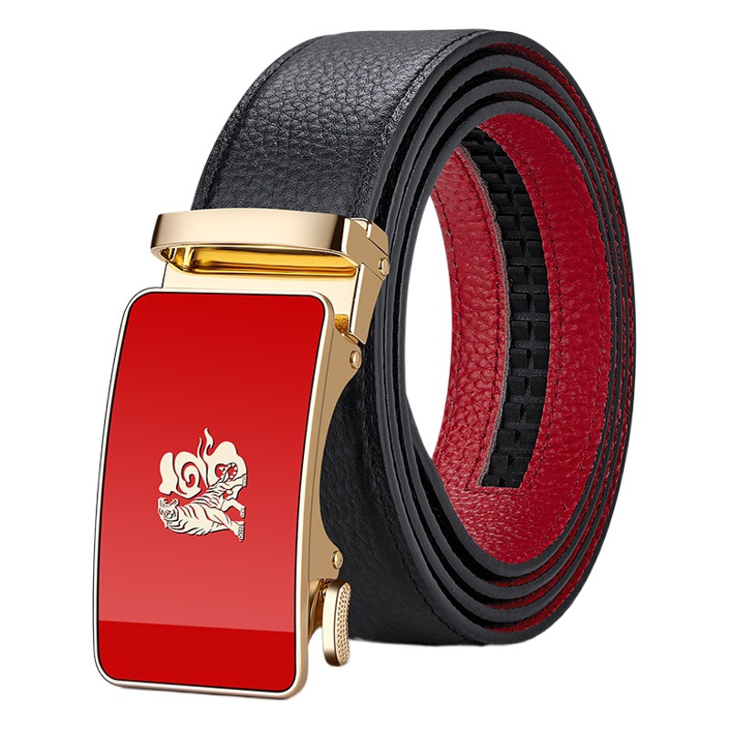 King's Paul Leather Belt Men's Head Layer Cowhide New Year Gift Giving Leather Pants Belt Big Red Year Fortune