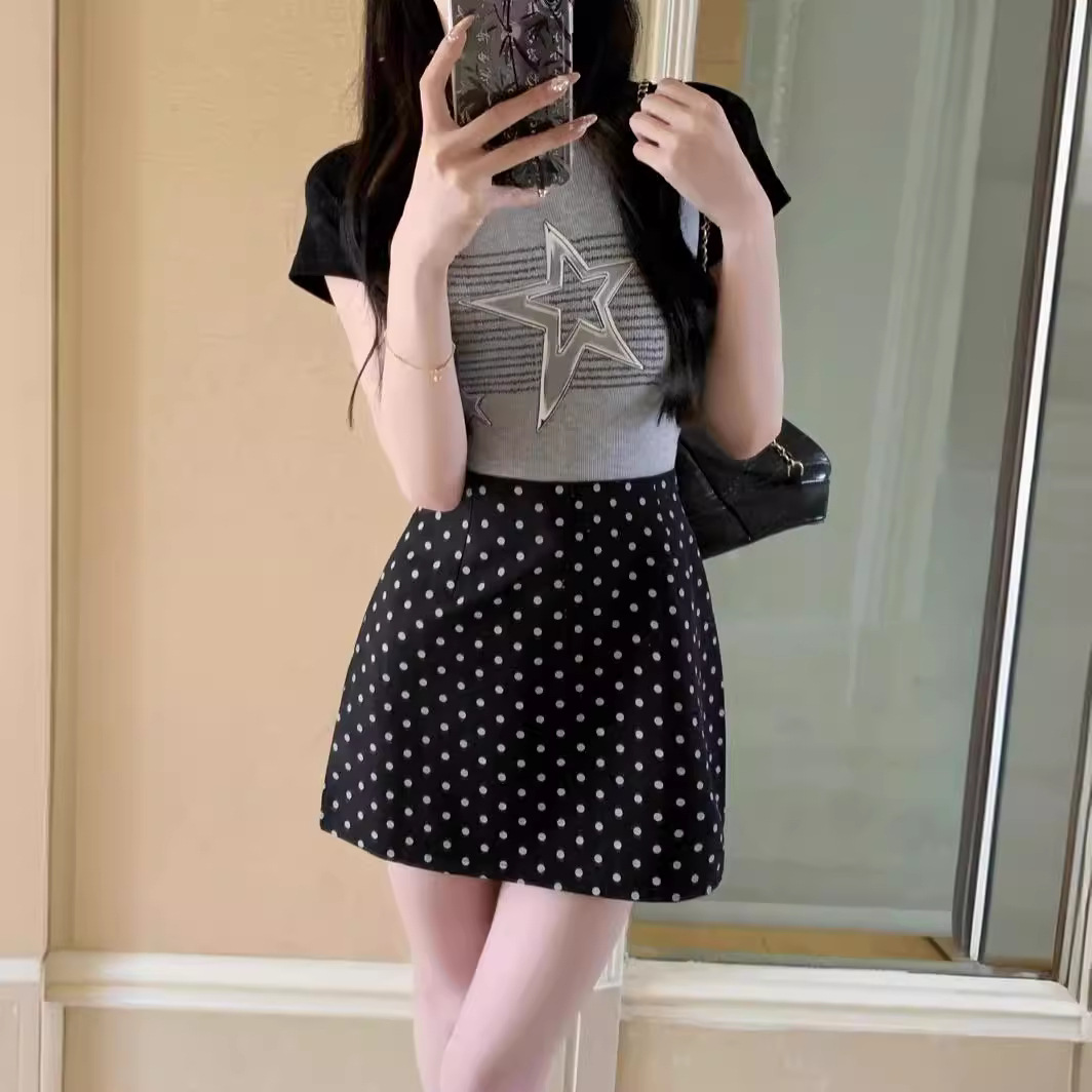 Picture of French Style White Polo Dot Skirt Black Skirt Grey Women's Spring and Autumn A- line Skirt Hip Skirt 2024 New Skirt