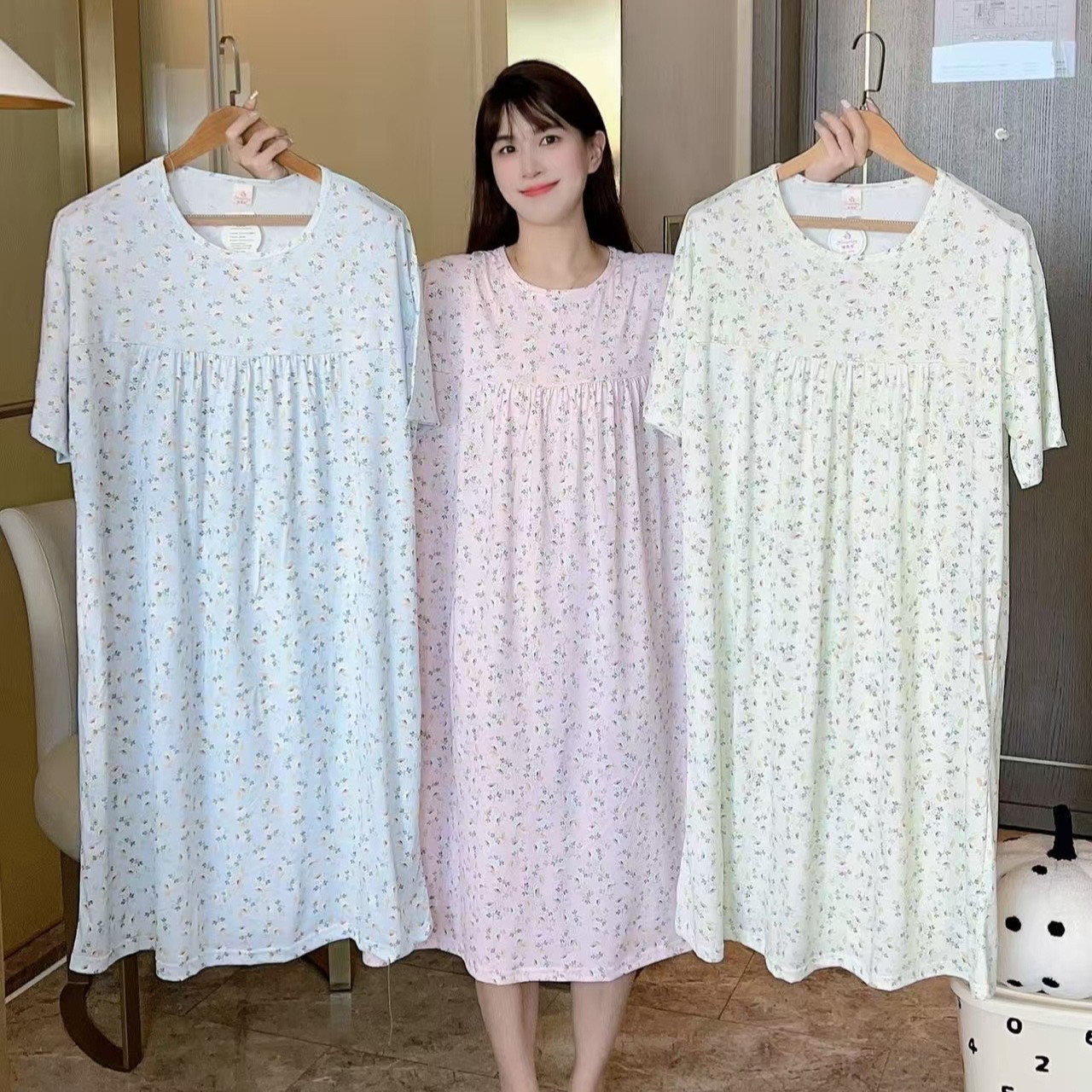 Southeast Asian Cross-Mirror Women's Summer Short-Sleeved Knitted Cotton Dress Plus Fat Plus Floral Mother's Nightgown Home Clothes