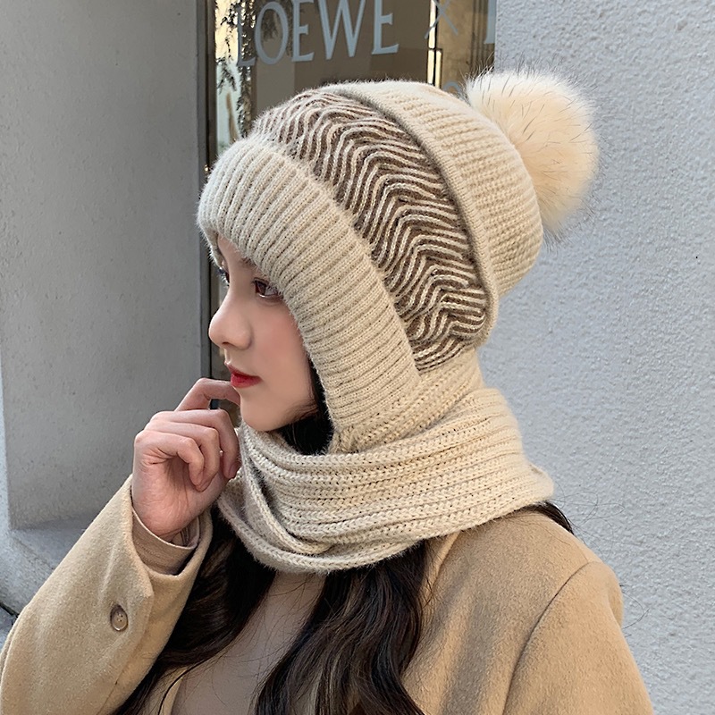 Picture of Hat women's winter Korean-style fashion wool hat winter versatile warm thickened ear protection knitted hat scarf integrated