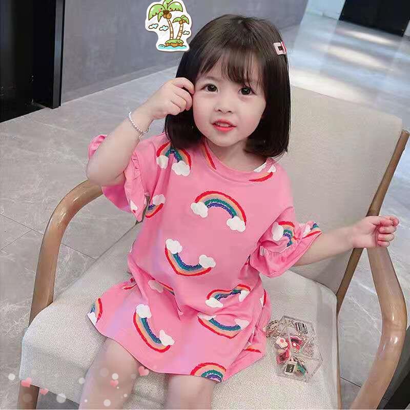 Girls' T-Shirt Skirt 2021 Summer Baby Girl's Skirt Cute Korean-style Rainbow T-shirt Mid-length Children's Dress