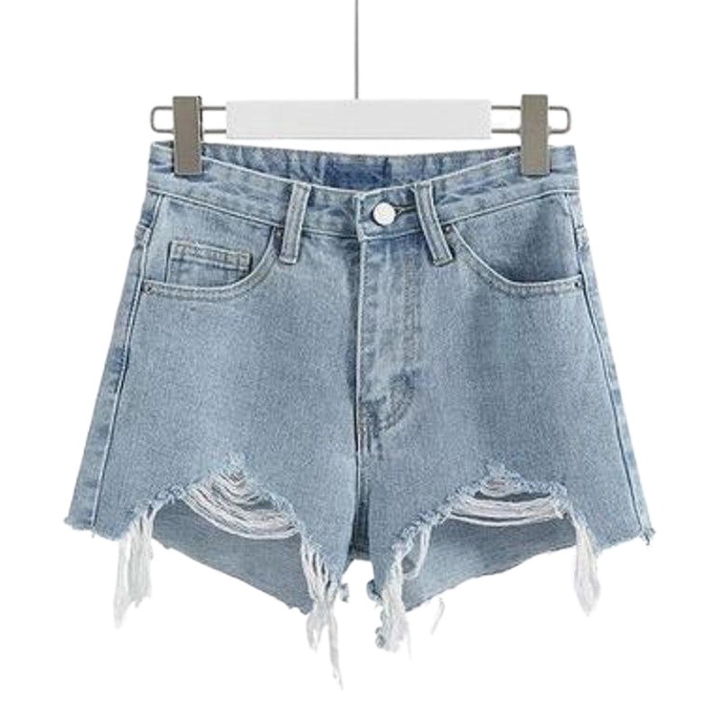 Picture of Cotton-Containing Ripped High-Waisted Denim Shorts for Women Summer 2021 Versatile Slimming Look A-Line Pants Raw Edge Frayed Wide-Leg Pants for Women