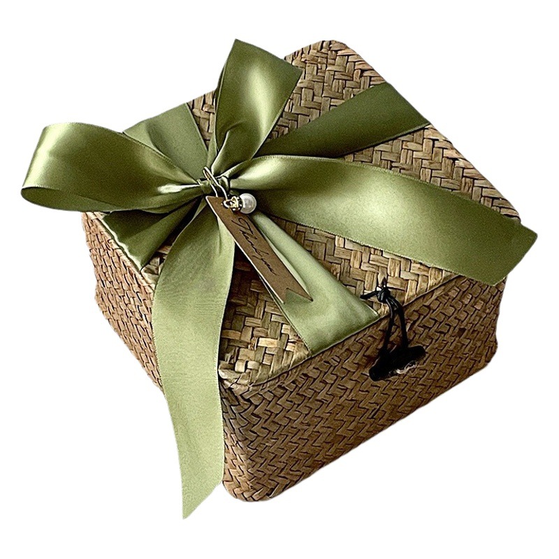 Grass Rattan Box with Lid, Birthday Gift, Bamboo Blue Woven Basket Gift Box, Handmade Wedding Souvenir Basket, Woven Basket