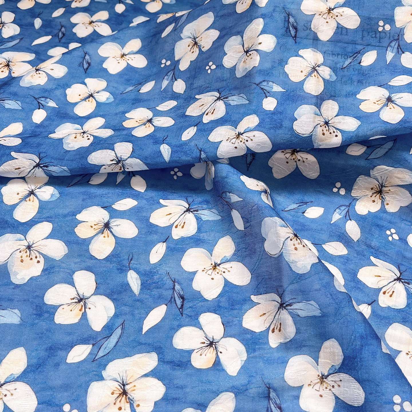 Picture of Tencel Jacquard Fabric with Blue Background and Pear Blossoms, 1.5m Width, New Chinese Style National Style Hanfu Cheongsam Dress Fabric
