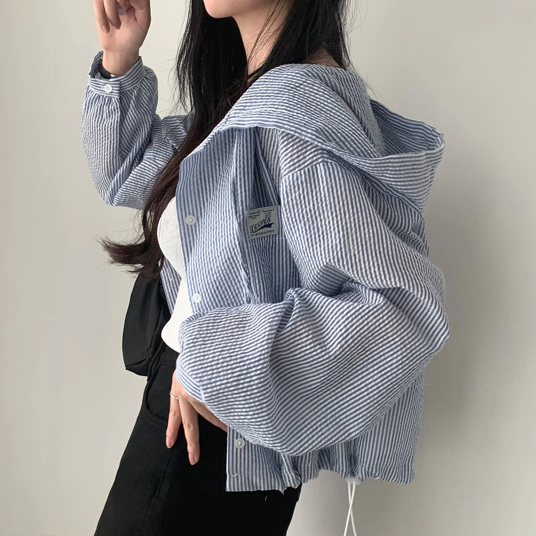 Korean Chic Early Autumn Fashion Elegant Vertical Stripes Contrasting Hooded Buttoned Loose Casual Versatile Short Jacket for Women