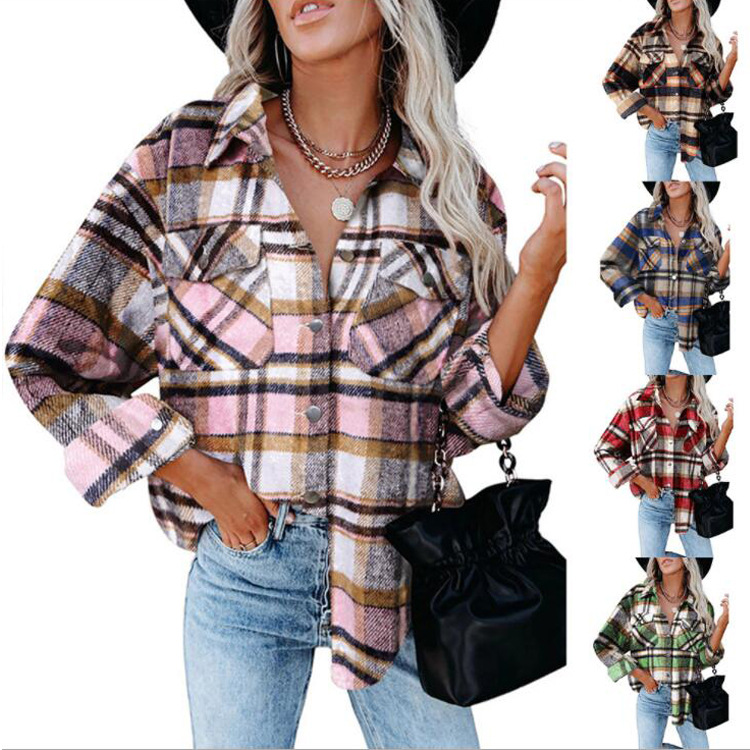 2022 cross-border European and American Foreign Trade women's clothing autumn and winter New Amazon plaid shirt woolen flannel breasted coat