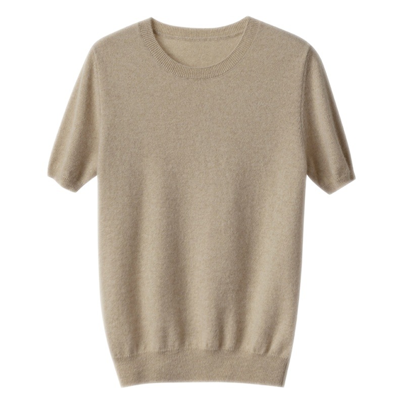 2023 Spring and Autumn new cashmere women's cashmere round neck short sleeve commuter solid color loose cashmere sweater wholesale
