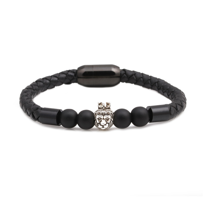 Amazon supply beaded dumb black stone lion head Crown bracelet men's leather bracelet jewelry