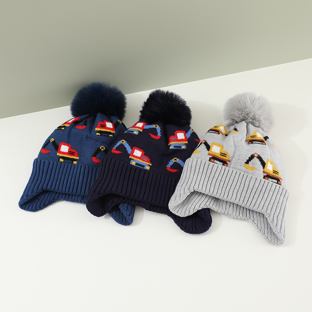 Amazon Backhoe Children's Hat Winter Knitted Hat for Boys and Girls Ear Wool Hat fleece-lined Cap