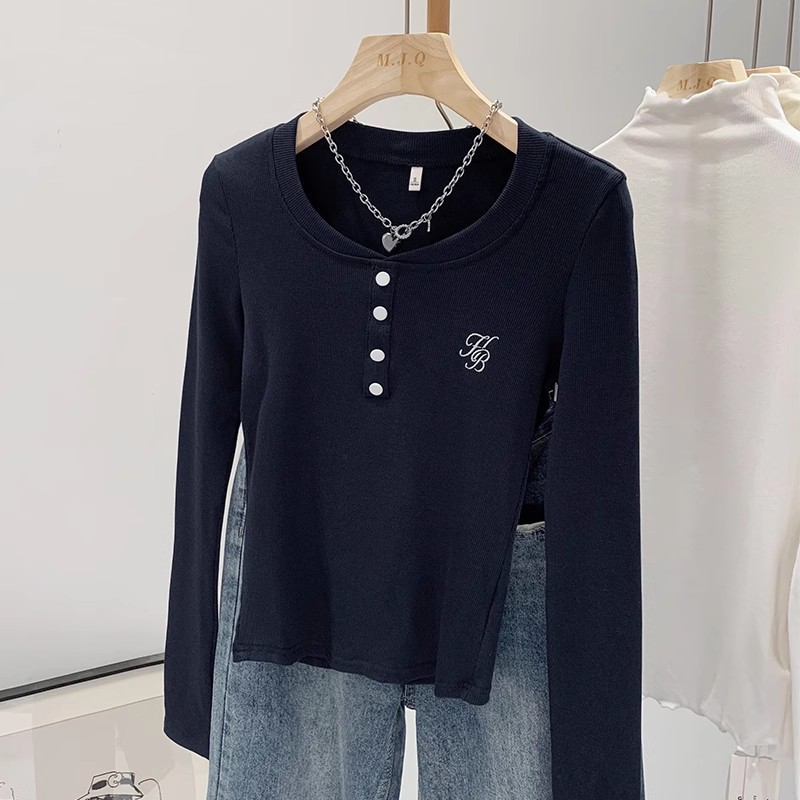 Autumn 2024 New Slim-fit Long-sleeved Top Button Knitted Semi-open Collar Academy Style Base Shirt Top Women's Trendy