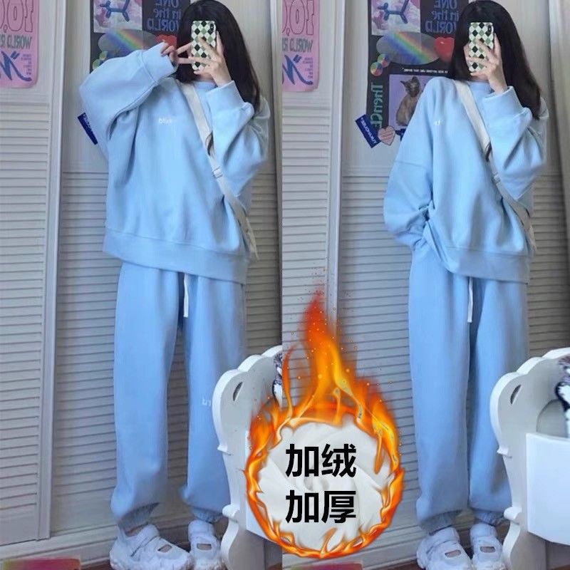 412# fleece-lined Thickened Sports suit Women's Autumn and Winter Korean Student Loose Fashion Wear Casual Two-Piece Set