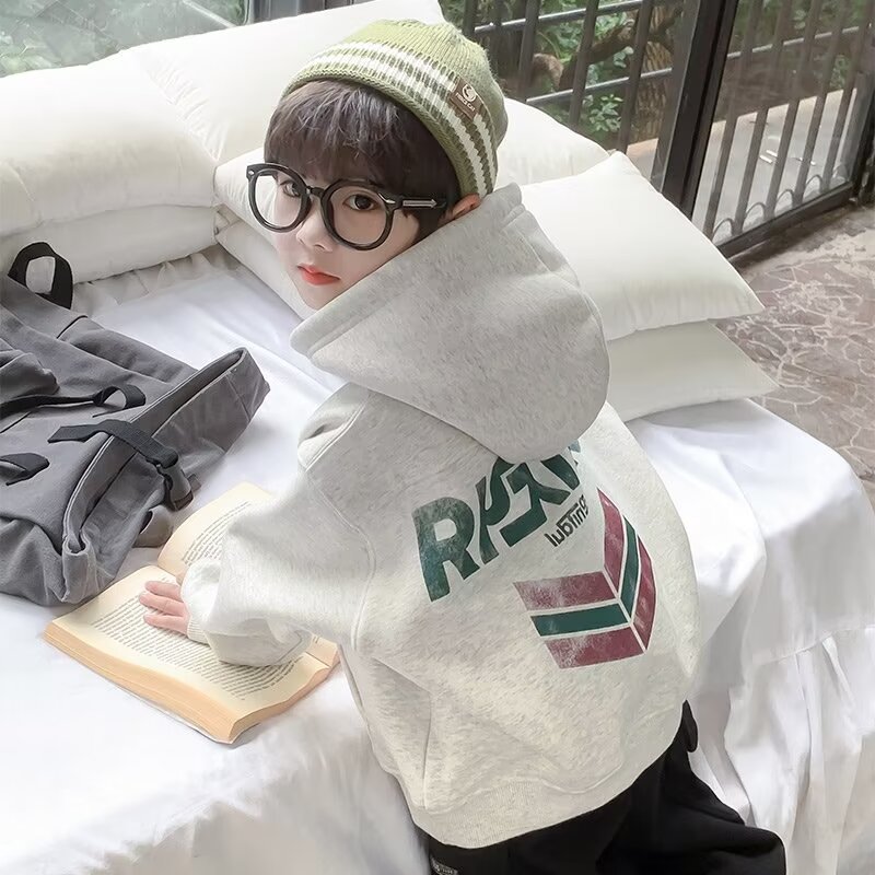 Boys' Korean Style Autumn and Winter Sports Style Raglan Fashionable Hooded Sweatshirt Kidsren's One-Piece Velvet Handsome Trendy Cool Top