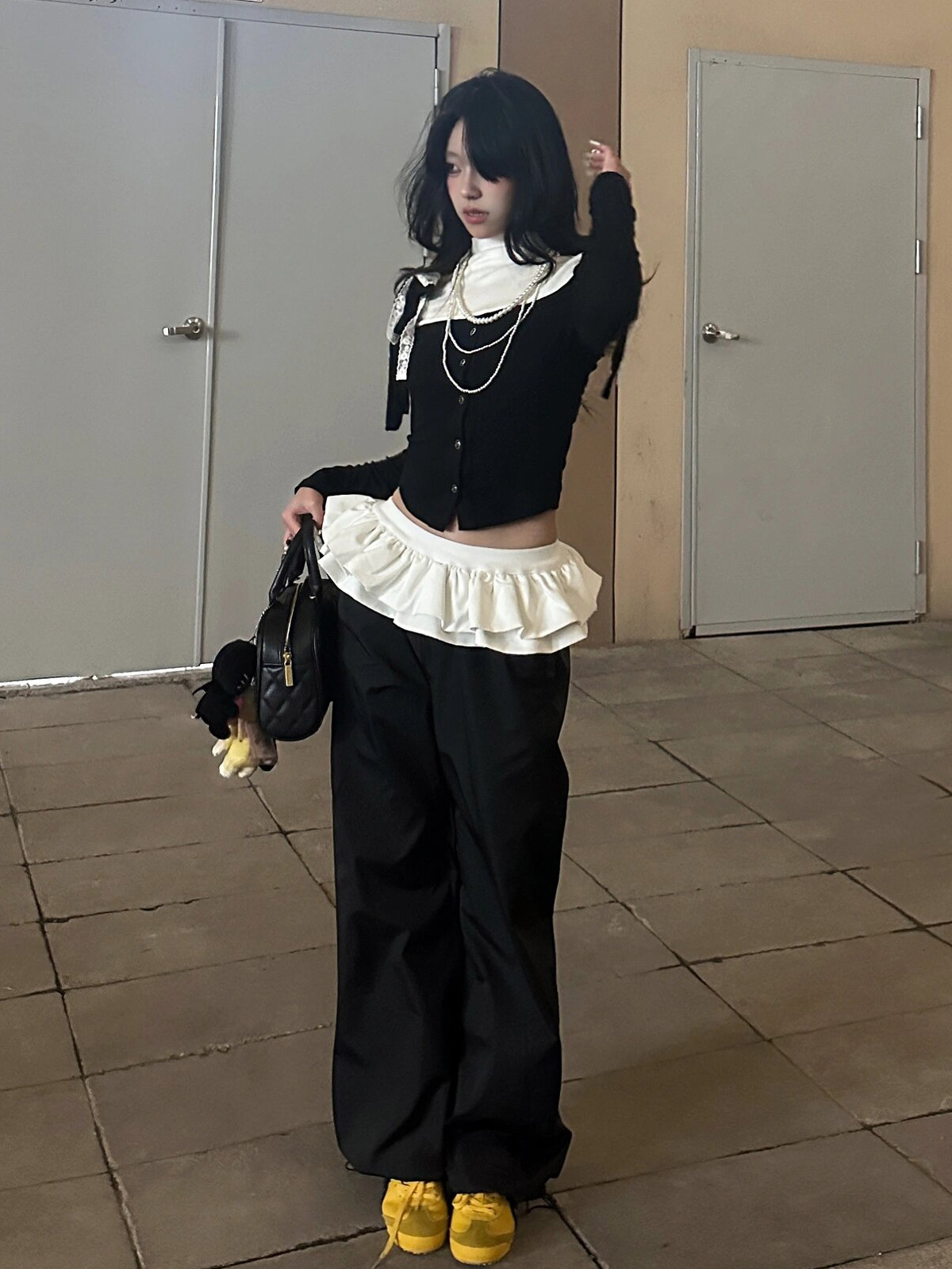 2024 new street creative tutu skirt stitching design folding wide leg pants ins interesting contrast color high waist trousers