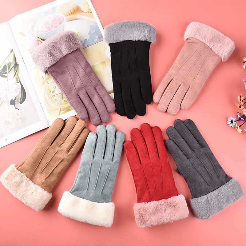 Picture of Autumn and Winter fleece-lined thickened touch screen suede warm gloves cute fashion student outdoor cycling driving stall