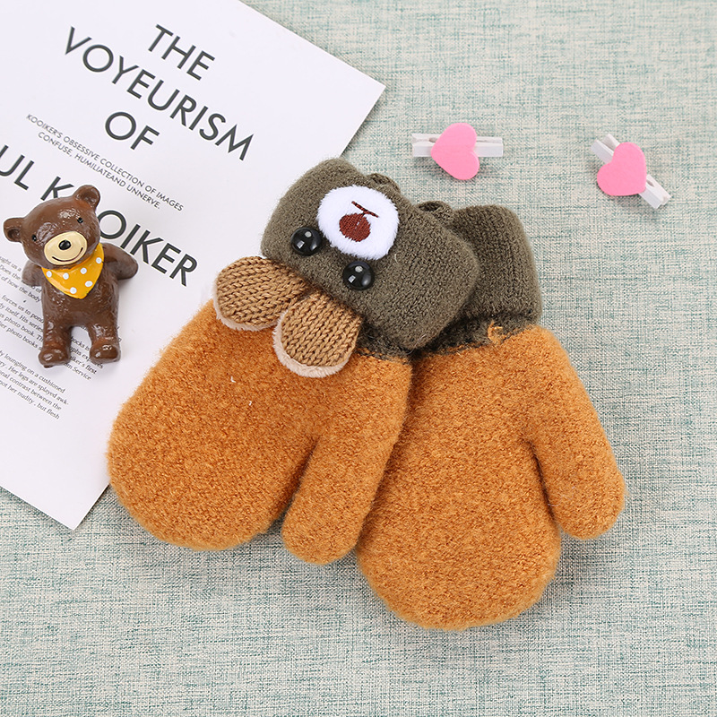 Picture of 0-3 years old cute ears bear cartoon children's gloves winter knitted wool double plus velvet padded warm