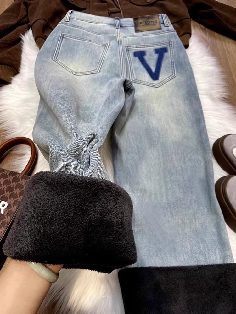 fleece-lined Thickened Light Color Narrow Wide Leg Jeans Women's Winter New Contrast Color High Waist Loose Slimming Straight Pants