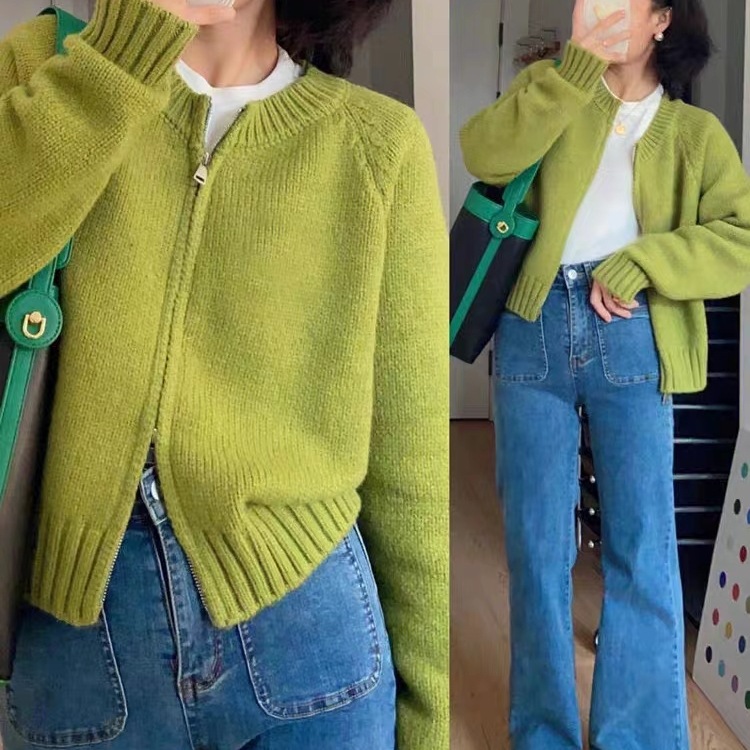 Korean Style Double Zipper Avocado Green Knitted Cardigan for Outer Wear, Slim and Versatile Short Sweater, Feminine Flesh-Covering Jacket