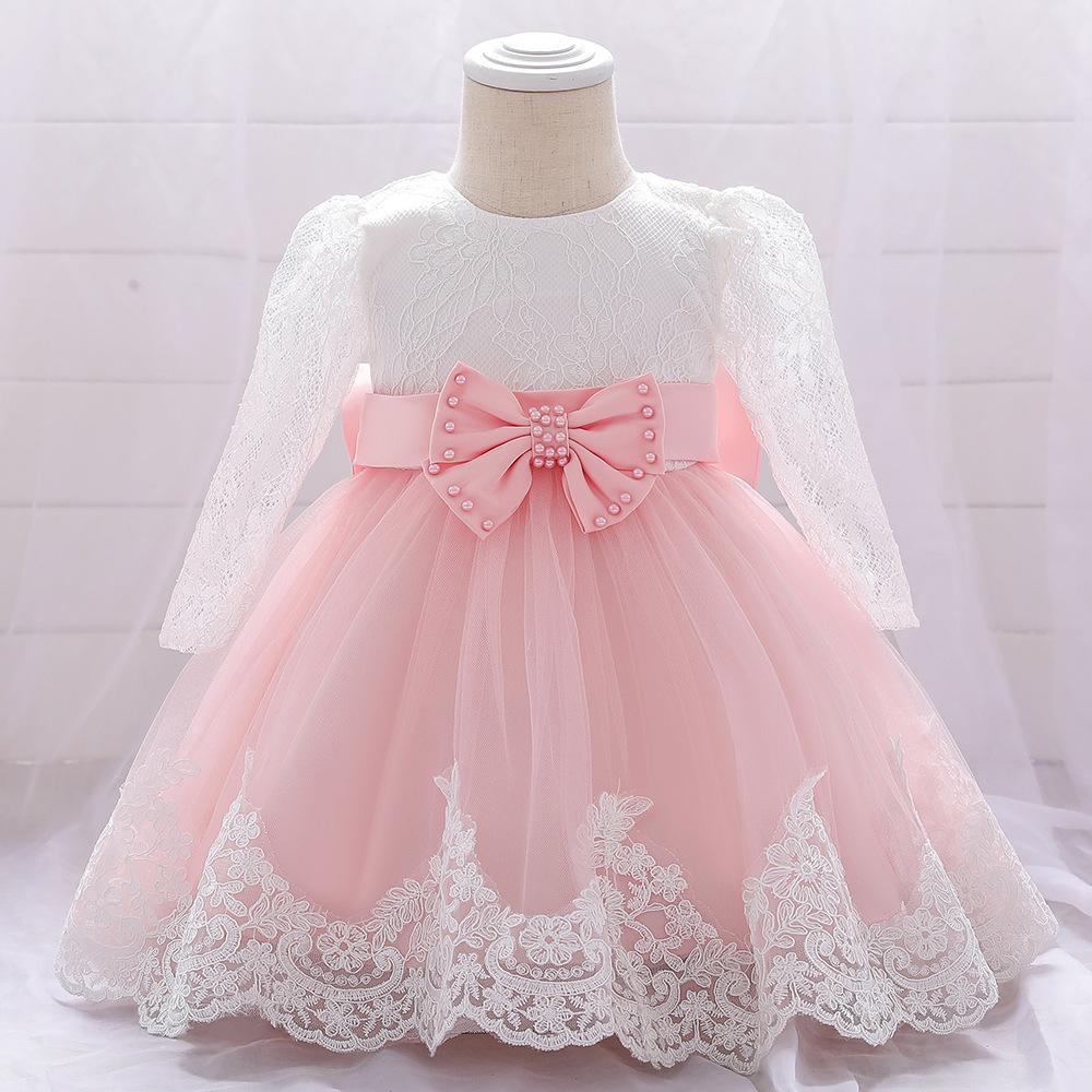 Picture of Amazon one-year-old dress long sleeve lace stitching wash dress bow beaded girl dress