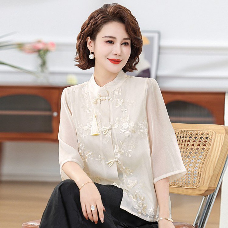 Mother's Summer Dress New Chinese Style National Style Embroidered Tassel Vertical Collar Mid-Sleeve Chiffon Shirt Thin Middle-Aged Women's Elegant Shirt