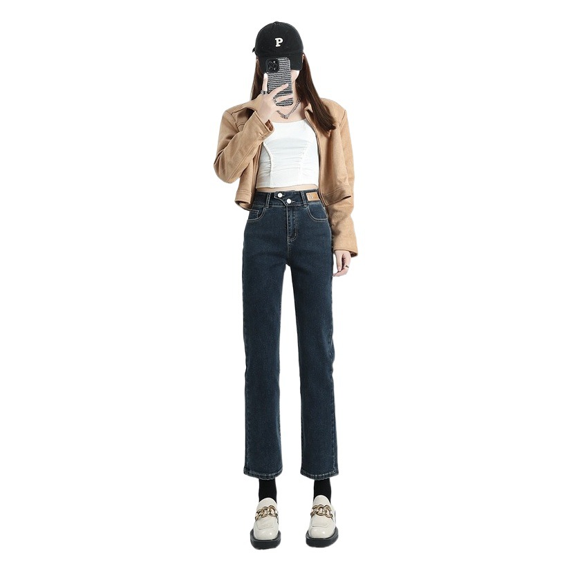 Fashion Labeled Fleece-lined High Waist Slim-fit Jeans Women's 2023 Winter New Stretch Slim-fit Pencil Pants Trendy
