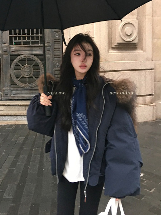 Horn button large wool collar hooded cotton jacket for women, winter Korean style petite thickened workwear parka