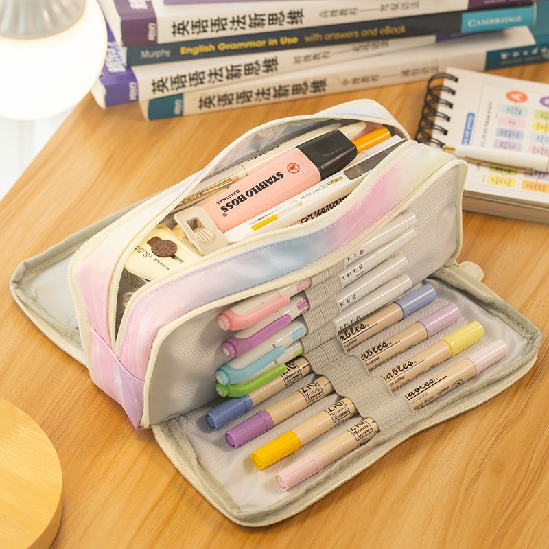 Picture of in stock Double Open Canvas Pencil Bag Wholesale Multi-layer Large Capacity Student Junior High School Student Pencil Case Multifunctional Simple Stationery Bag