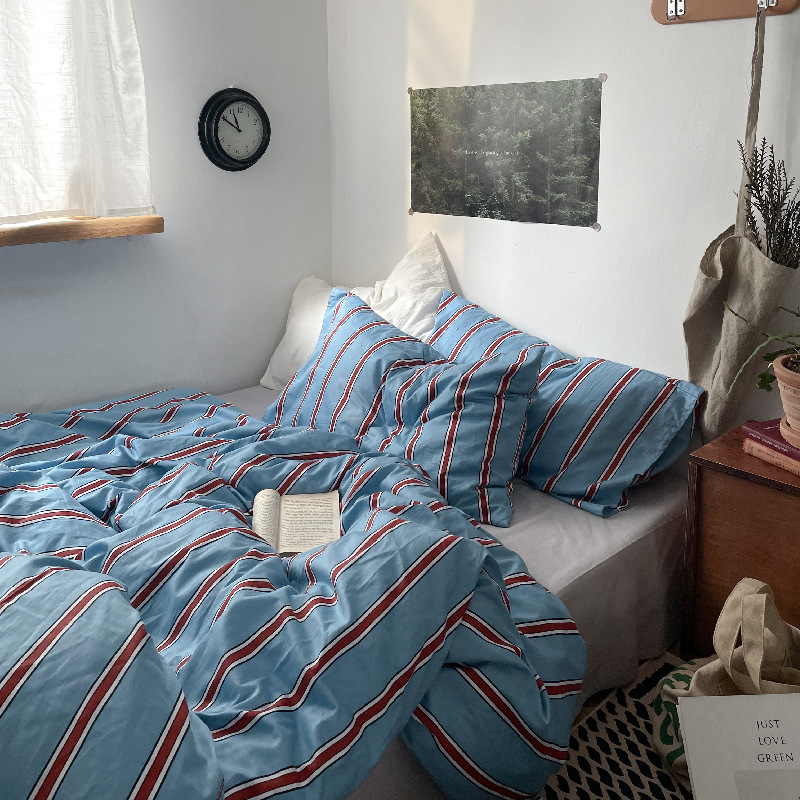 Picture of ins Same Style Simple Striped Cotton Bed Four-piece Set Pure Cotton Bed Sheet Quilt Cover Bedclothes Student Three-piece Set