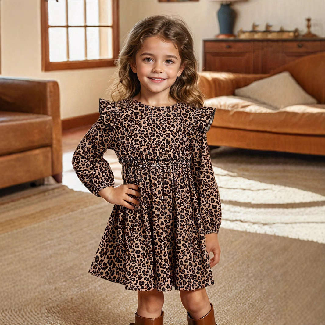 Cross-border Foreign Trade INS Girls Leopard Print Long Sleeve Water Drop Collar Small Flying Sleeve Long Sleeve Ruffled Simple dress