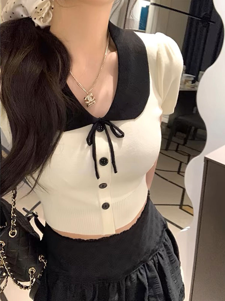 Tea Style Doll Collar Puff Short-Sleeved T-Shirt for Women 2025 New Summer Short Style Chic and Beautiful Small Top Knitwear