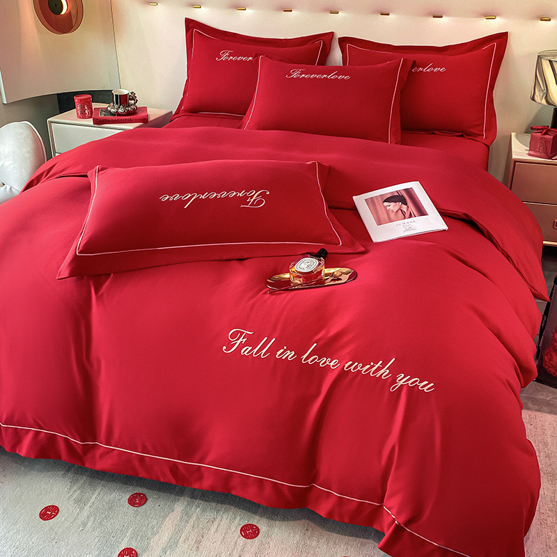 Picture of Wedding washed cotton festive four-piece set Chinese bright red bed sheet high-end embroidered quilt cover wedding room bedding