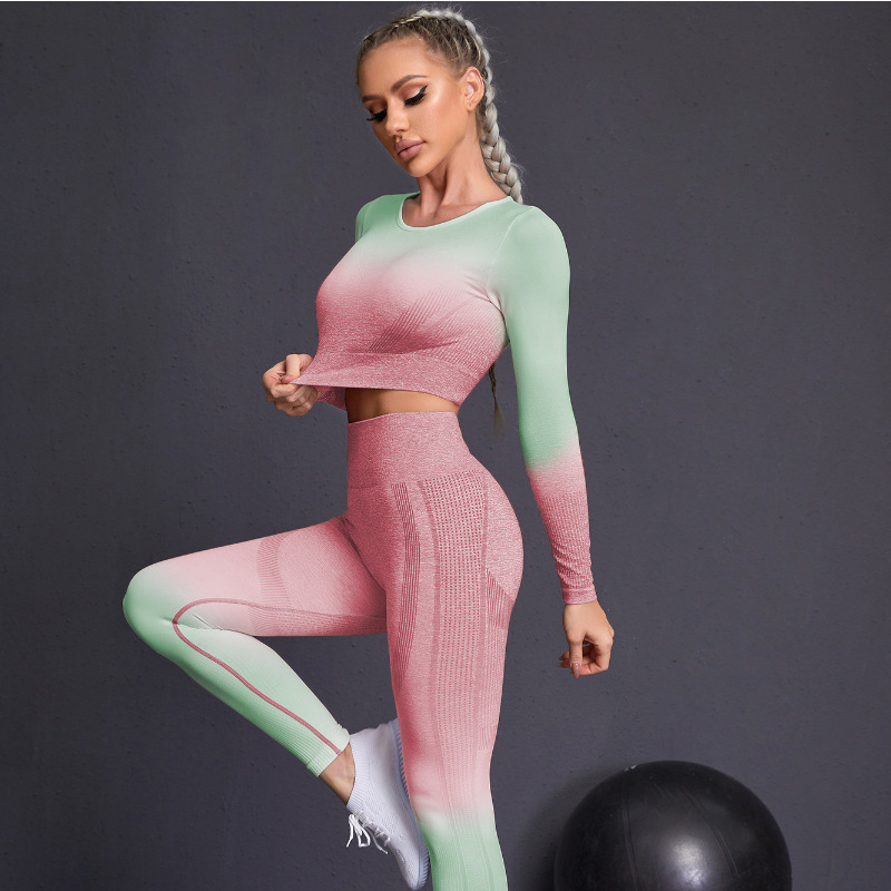Cross-Border Autumn and Winter New Yoga Clothes Gradient Hanging Dyed Tight Long-Sleeved Pants Running Fitness Yoga Suit for Women