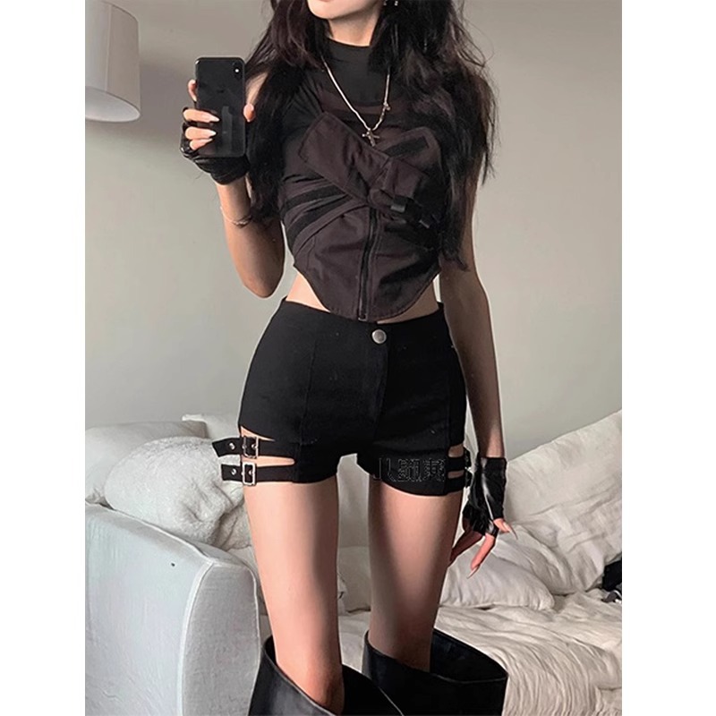 Hot girl Summer punk style shorts female jazz dance black motorcycle high waist pole dance elastic sheath hot pants