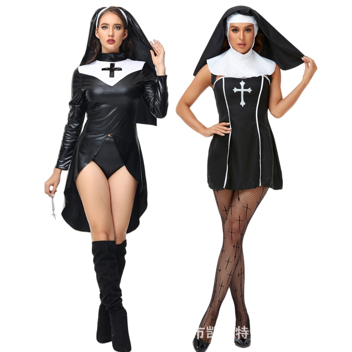 European and American cross-border foreign trade, Amazon sexy one-piece clothing, patent leather uniform, leather suit, sexy nun cosplay