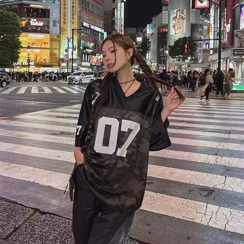 Picture of 07 Retro Hip Hop Jersey Loose Short-sleeved T-shirt Women's 2024 Summer New American Style High Street V-neck Half-sleeved Top