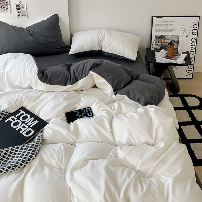 ins style solid color double-piece washed cotton bed four-piece set student dormitory bed sheet quilt cover fitted sheet three-piece set Wholesale