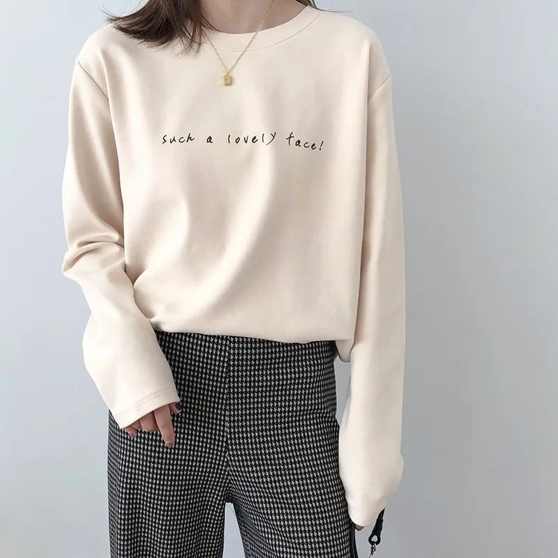 Double-sided Velvet Warm Long-sleeved T-shirt Women's Autumn and Winter New Korean-style Round Neck Loose fleece-lined Thickened Base Shirt