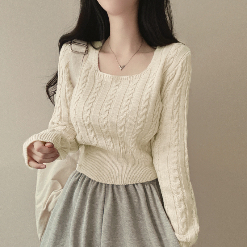 Japanese Style Retro Twist Knitwear Women's Korean Style Fashionable Square Collar Short Waist Base Sweater Niche Chic Top