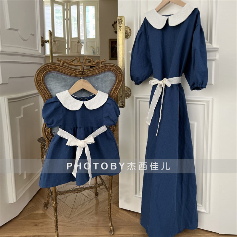 Korean Style Instagram Style Summer Dress Fashion New Arrival Mother and Dresses Girl Korean Style Doll Collar Bow Belt Parent-child dress