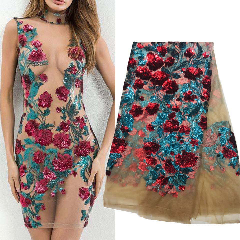Large Flower Sequin Embroidered Fashion lace Embroidered Cloth Wedding Dress African lace Fabric sequins lace