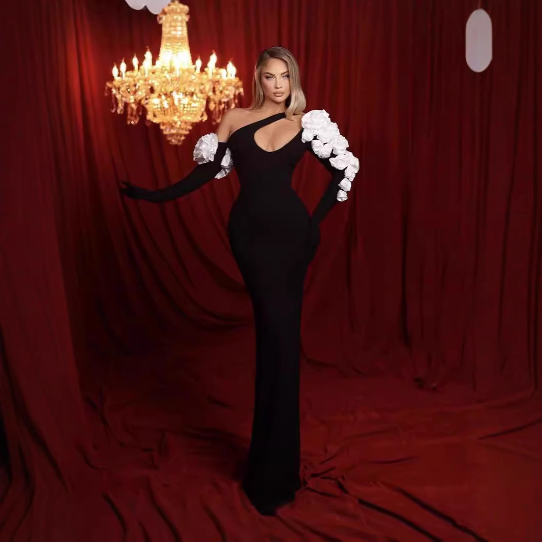Foreign Trade Cross-border New Black Shoulder Hollow White Flower Long Sleeve Slim-fit Long Bandage Dress Party Evening Dress