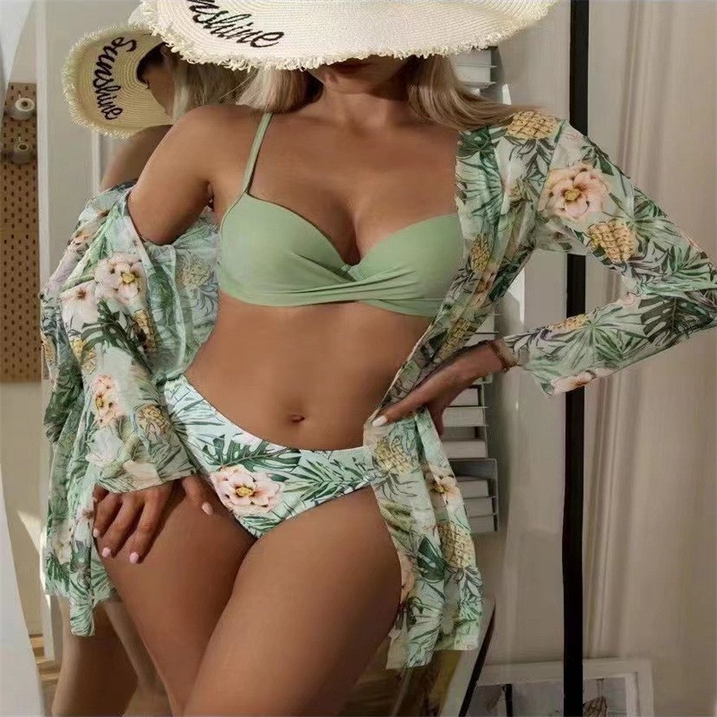 2025 New Three-Point Three-Piece Cover-Up Long-Sleeved European and American Cross-Border Split Bikini Swimsuit Women's Bikini