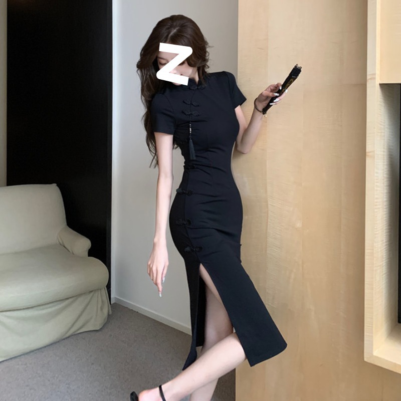 Chinese Vintage Buckle Modified Cheongsam Dress Women's High-end Black dress Summer Waist Split Hip Skirt
