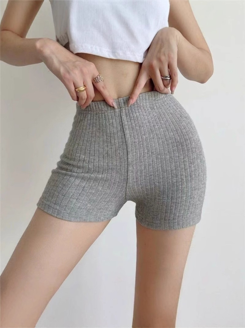 Elastic Hip-Hugging 2024 New European and American High-Waisted Solid Color Ribbed Knit Tight-Fitting Sports Shorts for Women with High Elasticity and Tight Fit