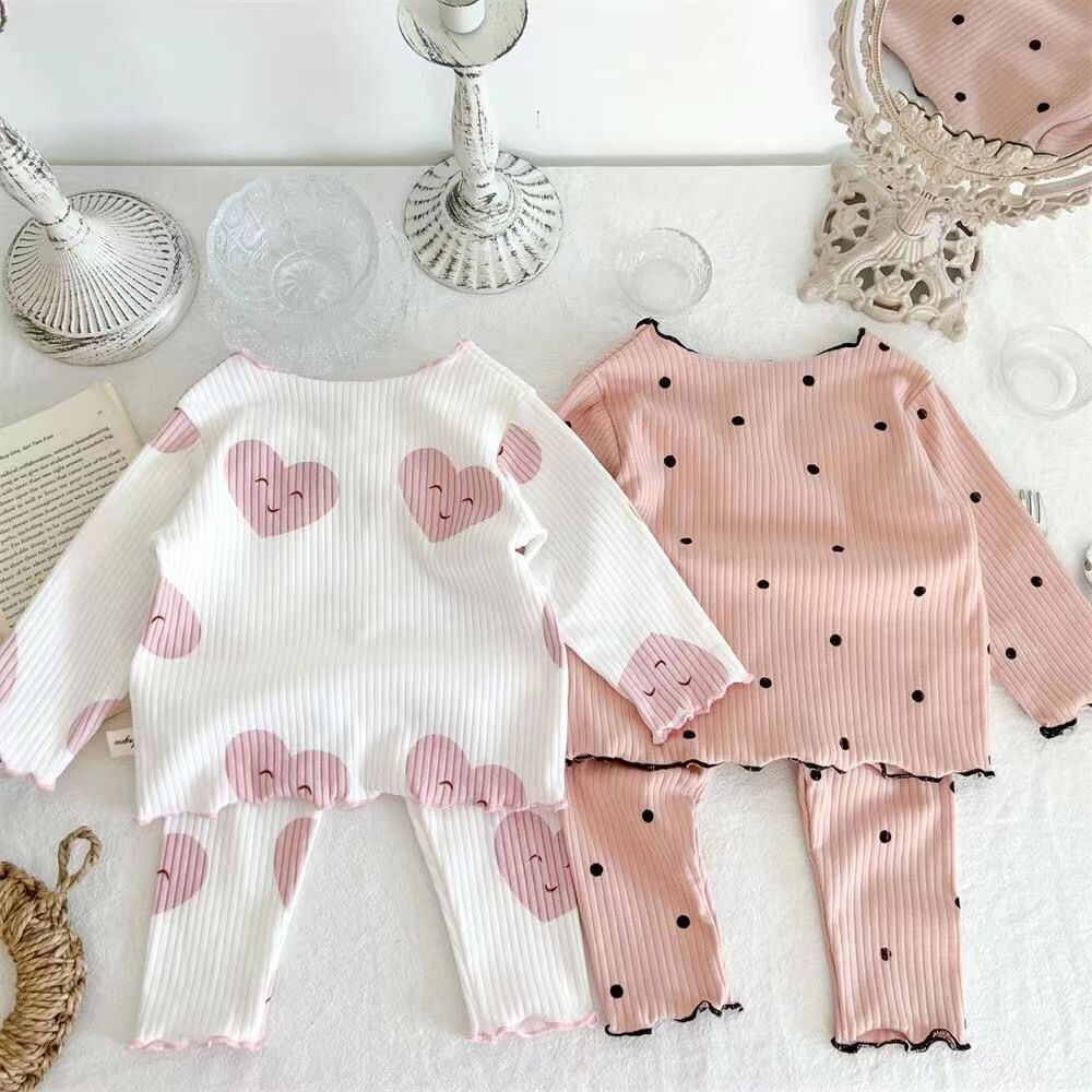 Spring and Autumn Ribbed Children's Pajamas Autumn and Winter Set Polka Dot Korean Style Trendy Girls' Two-Piece Loungewear for Older Children